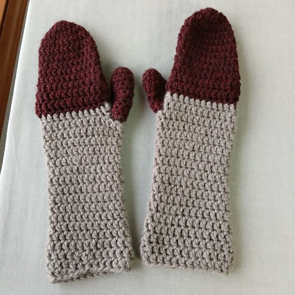 Convertible Crochet Fingerless Mitten Gloves adult size two-tone neutral premade
